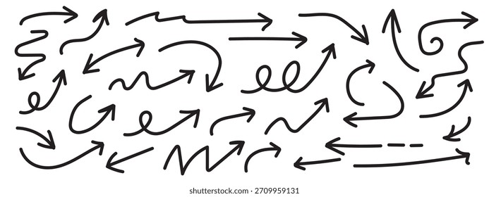 Eine umfassende Kollektion verschiedener handgezeichneter Doodle-Pfeile, die perfekt dazu geeignet ist, Designs eine lässige und künstlerische Note zu verleihen. Ideal für Navigation, Pointer und Anmerkungen.