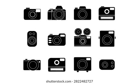 A comprehensive collection of diverse minimalist black silhouette camera icons showcasing various photography and videography devices perfect for modern digital media design projects and visual communication tools in todays technological world