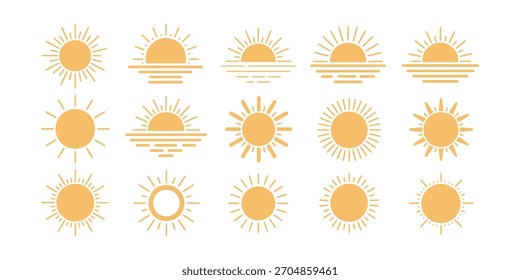 Una colección completa de diversos iconos solares minimalistas y símbolos abstractos, perfectos para el verano, el Clima y los conceptos de luz. Vector