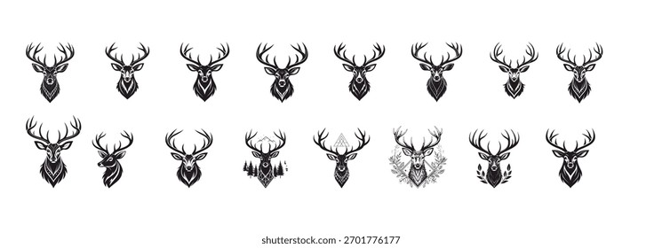 Uma coleção abrangente de diversas ilustrações estilizadas de cervos e cabeças de veados, perfeitas para logotipos, emblemas, emblemas ou design rústico. Apresentando várias interpretações artísticas, de minimalista a in
