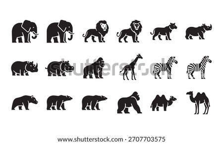 A comprehensive collection of diverse wild animal silhouettes, perfect for icons, logos, or educational materials, showcasing elephants, lions, rhinos, hippos. 