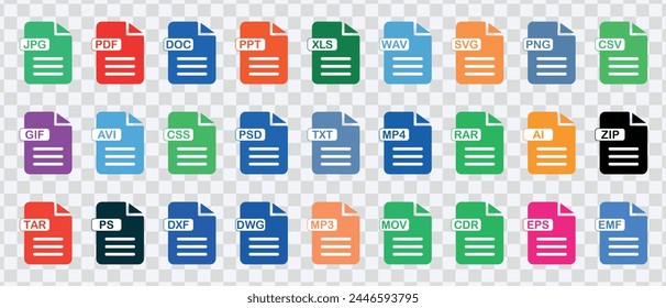 "Comprehensive collection of document icons including JPG, PDF, DOC, PPT, XLS, MP4, RAR, PSD, EPS, AI, ZIP, MP3, MPV, GSF, and more. Editable vector illustrations."