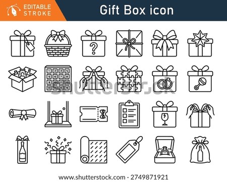 A comprehensive collection of editable stroke gift box icons featuring various designs for holidays, birthdays, and special occasions.