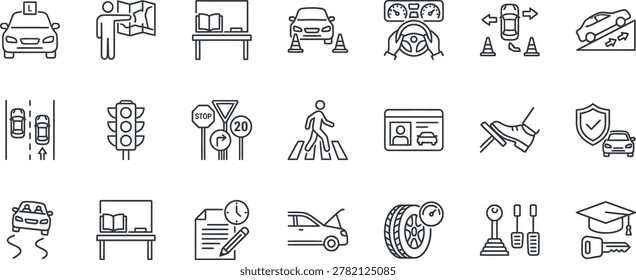 A comprehensive collection of editable stroke line icons focusing on driving lessons, traffic regulations, and driver license preparation. This set features vector symbols for student driver cars, parallel parking cones, steering wheel hands, hill starts, lane changing, traffic lights, road signs, pedestrian crosswalks, driving test exams, car maintenance, pedal control, and graduation keys. Ideal for automotive school websites, instructional manuals, transport UI designs, and road safety promotional materials.