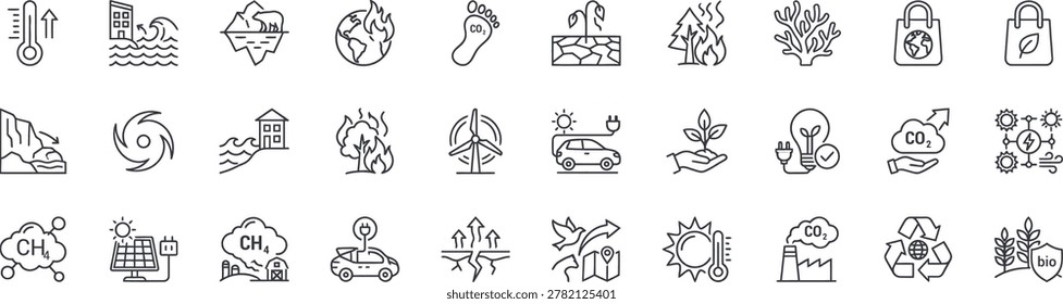A comprehensive collection of editable stroke line icons focusing on global warming, climate change impacts, and environmental sustainability solutions. This vector set features symbols for extreme weather (hurricanes, droughts, rising temperatures), melting glaciers with polar bears, forest fires, carbon footprints ($CO_2$), and methane emissions ($CH_4$). It also includes green energy alternatives like wind turbines, solar panels, electric cars, coral reef preservation, recycling, and sustainable agriculture. Perfect for ecology presentations, green energy UI layouts, climate awareness infographics, and corporate ESG reports.