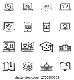 A comprehensive collection of education and learning icons presented in a clean silhouette style, perfect for visual representation.