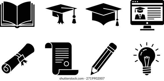 Una colección completa de íconos de educación y aprendizaje que representan el logro académico y el conocimiento, íconos dispuestos en una cuadrícula limpia y perfectamente alineada, diseño de Vector plano, color negro sólido, trazo y proporciones consistentes, formato de Vector EPS totalmente editable, sin Gradientes, sin sombras, sin texto