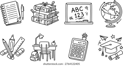 A comprehensive collection of education themed doodles presented in a clean black and white line art style. This vector illustration features essential school and learning items including a notebook and pen, a stack of academic books with cute bookworms, a blackboard with ABC and 123, a world globe, drawing tools like pencils, ruler, eraser, and highlighter, a student desk setup with a lamp, chair, backpack, and apple, a calculator, and graduation symbols like a cap, diploma, and paper planes. The minimalist outline drawing technique provides a simple, modern aesthetic, making the elements versatile and easy to integrate into various designs. The composition groups related items, offering clear visual separation. It evokes a sense of learning, knowledge acquisition, and academic journey. Excellent for educational marketing, branding, website banners, social media campaigns, app icons, infographics, teaching materials, or as a background for any back to school or academic project. Enhances visual communication for schools, universities, or online learning platforms.