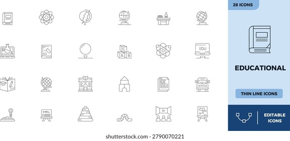 Comprehensive collection of educational icons in thin line design style including books science tools globes school bus academic certificates and creative art supplies for students and teachers perfect for school websites mobile apps digital content and graphic design projects educational collection.