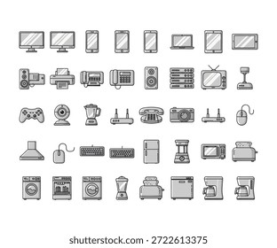 Coleção abrangente de dispositivos eletrônicos e Home Appliances Line Art Icons Vetor.