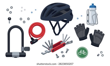 A comprehensive collection of essential bicycle accessories including a helmet, U-lock, cable lock, multi-tool, water bottle, and cycling gloves.