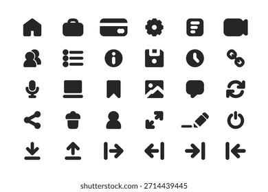Umfassende Sammlung von essenziellen schwarzen flachen Ui-Icons für moderne digitale Schnittstellen