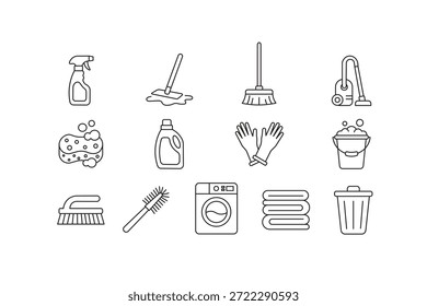 Umfassende Sammlung von essenziellen Haushaltsreinigungsgeräten und -artikeln, die als minimalistische Skizzen-Symbole präsentiert werden, ideal für die Illustration von Hygiene-, Hausarbeit- und Sanitärdienstleistungen
