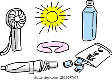 A comprehensive collection of essential items for heat stroke prevention during the summer season.