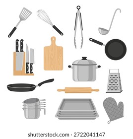 Eine umfassende Sammlung von essenziellen Küchenutensilien und Kochutensilien, darunter verschiedene Messer, Pfannen, Spatel, Whisks und Backwerkzeuge, ordentlich auf weißem Hintergrund angeordnet.