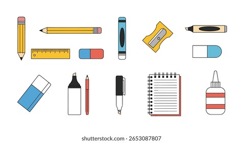 Uma coleção abrangente de material escolar e de escritório essencial para projetos criativos e tarefas diárias
