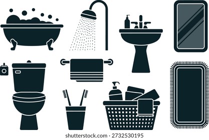 A comprehensive collection of everyday bathroom items, including fixtures and toiletries, presented as sleek dark teal silhouettes on white.