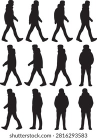 A comprehensive collection featuring a young man in casual winter attire, captured in various walking and standing poses silhouette vector illustration