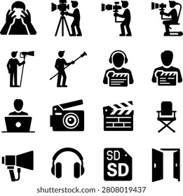 Comprehensive collection of filmmaking and video production icons showcasing various roles and equipment used in movie creation