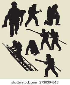 Una colección completa de siluetas de bomberos en poses de acción dinámica, este diseño fue diseñado por mí sin usar IA. Este set de Vector de alta calidad captura escenas de rescate de emergencia con líneas nítidas y limpias. Perfecto para carteles de seguridad contra incendios, ropa con temática de héroes o gráficos de servicio comunitario.