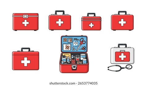Comprehensive collection of first aid kit icons for emergency medical preparedness and health safety solutions