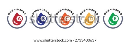 A comprehensive collection of five professional vitamin infographic icons. Each graphic features a vibrant liquid droplet and a corresponding letter (A, B, C, D, and E) enclosed in a modern semi-circular frame. This set is perfect for skincare product labeling, dietary supplement packaging, health blog infographics, and beauty industry marketing materials. The clean, color-coded design—ranging from deep red and royal blue to bright orange, yellow, and emerald green—allows for quick visual identification of key nutrients in personal care and wellness products.