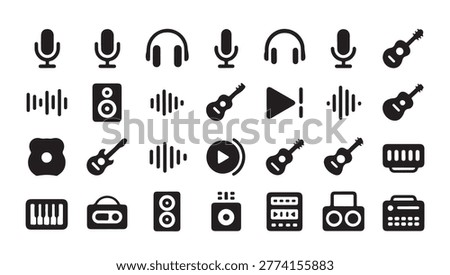 Comprehensive collection of flat audio equipment icons representing recording studio tools instruments and media players.