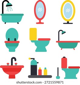 Una colección completa de iconos de baño plano y equipos sanitarios. Este juego de Vectores incluye una bañera con ducha, modernos espejos ovalados en marcos rojos y amarillos, varios diseños de tazones de inodoro, un elegante lavabo rojo con un grifo negro y accesorios para limpiar el cuarto de baño como una escobilla de inodoro y botellas de jabón. Todos los Elementos están diseñados en un estilo limpio y minimalista con una paleta de colores vibrantes, perfecto para los App de diseño de interiores, Sitios web de renovación del hogar e infografías relacionadas con la higiene.