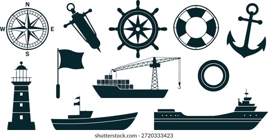 Eine umfassende Kollektion von flachen schwarzen Symbolen, die verschiedene nautische Themen und maritime Objekte für Meeresthemen darstellen.