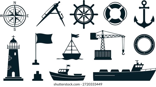 Eine umfassende Kollektion von flachen schwarzen Symbolen, die verschiedene nautische Themen und maritime Objekte für Projekte im Zusammenhang mit dem Meer darstellen.