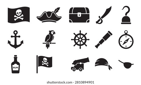 Comprehensive collection of flat black pirate themed vector graphic icons featuring skull flags treasure chests sharp sabers parrot companions wooden wheels brass telescopes navigation compasses rum bottles metal cannons head bandanas and eye patches isolated on a plain white background for creative nautical themed digital design projects