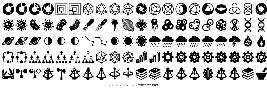 A comprehensive collection of flat black silhouette icons representing diverse fields such as biology, astronomy, meteorology, data visualization, and mechanical engineering.