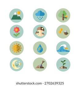 Una colección completa de diseño plano, iconos vectoriales mínimos que representan la naturaleza, el medio ambiente y los conceptos ecológicos.