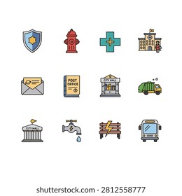 A comprehensive collection of flat line icons depicting essential city services including police, medical care, transportation, and municipal infrastructure.