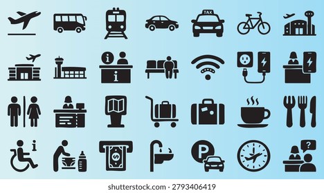 Comprehensive collection of flat travel transport and facility icons perfect for apps and websites