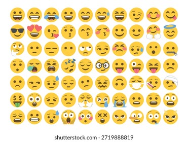 Una colección completa de emojis planos de Vector que representan una amplia gama de emociones y expresiones humanas. Ideal para comunicación digital, redes sociales y diseño App.