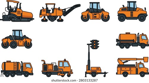 A comprehensive collection of flat vector icons featuring heavy machinery and equipment used for road paving, building, and infrastructure maintenance. These professional illustrations are ideal for industrial infographics, construction project presentations, and urban planning designs.
