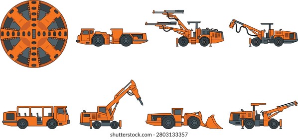 A comprehensive collection of flat vector icons featuring specialized machinery for underground mining, tunneling, and subterranean excavation. These professional illustrations are ideal for industrial infographics, engineering presentations, and mining industry reports.
