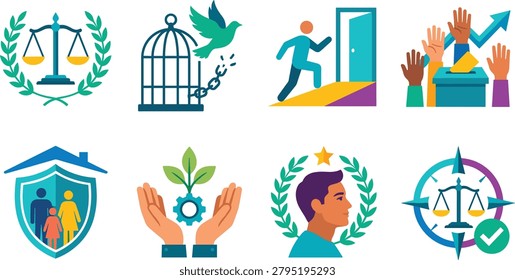 A comprehensive collection of flat vector illustrations representing fundamental human rights, legal systems, and democratic values. These icons are suitable for non-profit organizations, educational materials, and social advocacy campaigns.
