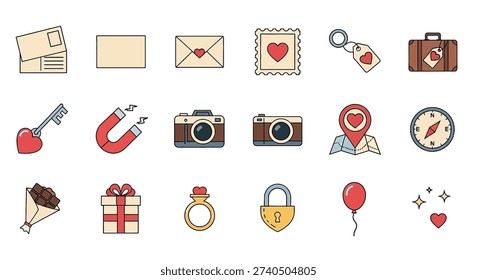 A comprehensive collection of flat-design icons representing themes of love, romance, travel, and communication, featuring envelopes, cameras, gifts, hearts, and various related symbols.