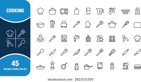 A comprehensive collection of forty-five thin-line vector icons representing various construction, architecture, and building tools, organized in a clean grid layout on a white background.