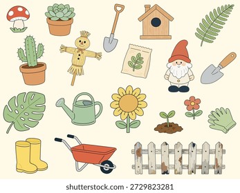 Colección integral de Elementos de jardinería incluyendo herramientas, plantas y decoraciones. Un Paquete de Vector con una valla, botas, carretilla, flores, gnomo y más en un estilo de dibujos animados. Perfecto para crear escenas y patrones de jardinería
