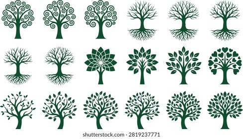 A comprehensive collection of green tree vector illustrations featuring the tree of life with roots, leafy branches, and abstract geometric designs. This versatile icon set is perfect for environmental branding, nature-themed logos, and eco-friendly landscaping projects.A comprehensive collection of green tree vector illustrations featuring the tree of life with roots, leafy branches, and abstract geometric designs. This versatile icon set is perfect for environmental branding, nature-themed logos, and eco-friendly landscaping projects.