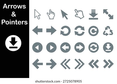 Comprehensive collection of grey pixelated and smooth cursors including left right directions circular refresh buttons recycling symbol plus download progress circles for website navigation