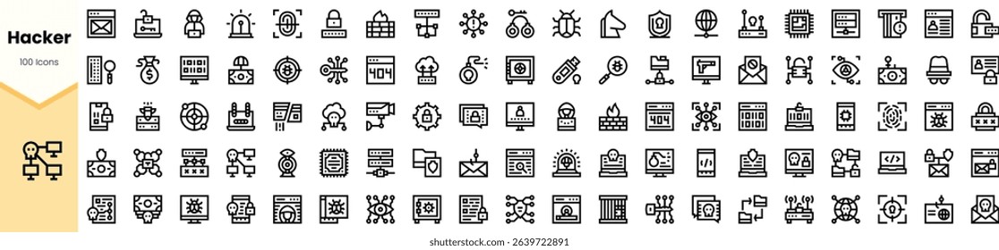 A comprehensive collection of hacker-themed icons, showcasing various cybersecurity elements including locks, alerts, and data symbols in a minimalist black-and-white design.