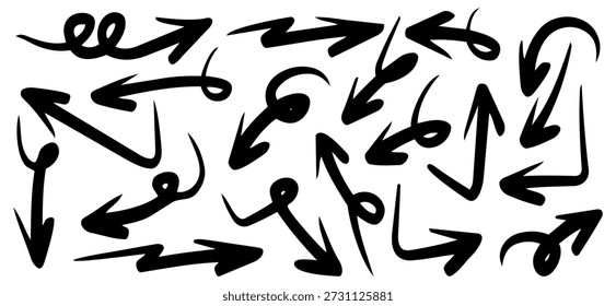 comprehensive collection of hand drawn black arrow sketches. This vector set features various styles including curly, swoosh, straight, and loopy arrows with a brush stroke texture. Perfect for infographics, presentations, hand-drawn designs, and highlighting key information.