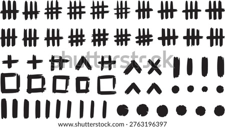 Comprehensive collection of hand drawn black marker elements including tally marks for counting time. Includes various geometric shapes like squares circles plus signs and arrows. Perfect for bullet journals planners or decorative design projects on transparent background for easy application.