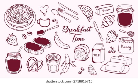 A comprehensive collection of hand drawn breakfast icons and illustrations featuring classic morning food and drinks. This high quality vector set includes a Belgian waffle topped with strawberries, hot coffee with latte art, crispy croissants, butter blocks, honey jars, milk cartons, and various fruits like bananas and strawberries. Perfect for cafe menus, kitchen decor, brunch invitations, and food-related branding. The charming line art style offers a rustic, organic feel for digital and print projects. Elements include toast with jam, pretzels, coffee beans, and cutlery icons. Create beautiful compositions for blogs, social media, or packaging with these detailed food doodles.