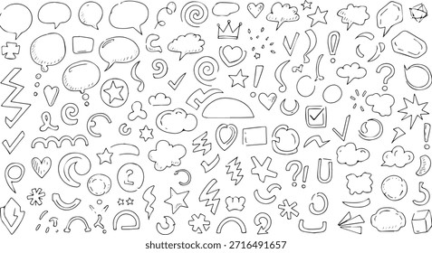 Uma coleção abrangente de elementos de doodle desenhados à mão, incluindo bolhas de fala, setas, estrelas, corações, nuvens e outros símbolos decorativos, perfeito para projetos criativos.