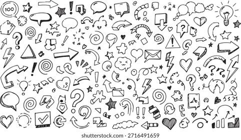 Una colección completa de iconos y símbolos de doodle dibujados a mano que incluye flechas, burbujas de discurso, signos de interrogación, estrellas, corazones y signos de exclamación, perfecto para agregar un toque divertido y expresivo.